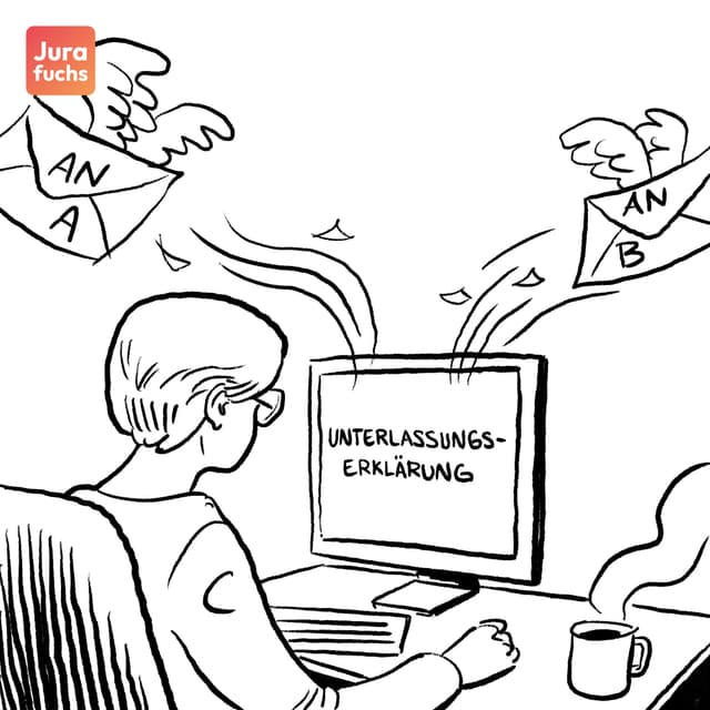 Die Anwältin C von A an einem Computer und erstellt Unterlassungserklärungen, die sie an die Magazine A und B schickt, um später von beiden auch Ersatz für die Anwaltskosten von S zu fordern.