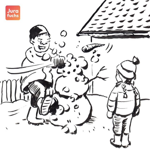 Jurafuchs Illustration zum Fall zur Sachbeschädigung (§ 303 StGB) durch Zerstörung eines Schneemanns: Ein Rowdy zerstört einen von einem kleinen Jungen gebauten Schneemann.