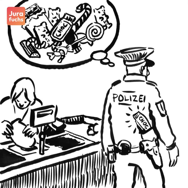 Jurafuchs-Illustration zum Fall zum Sachgedanklichen Mitbewusstsein als ständig verfügbares Begleitwissen: Ein Polizist durchquert die Süßwarenabteilung eines Kaufhauses und nimmt einen Schokoriegel mit, ohne ihn zu bezahlen. Bei Wegnahme des Riegels denkt er an seinen Heißhunger, aber nicht an seine geladene Dienstpistole im Halfter.