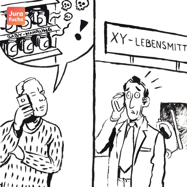 Jurafuchs Illustration: T informiert einen Supermarkt von platzierten vergifteten Babygläsern 