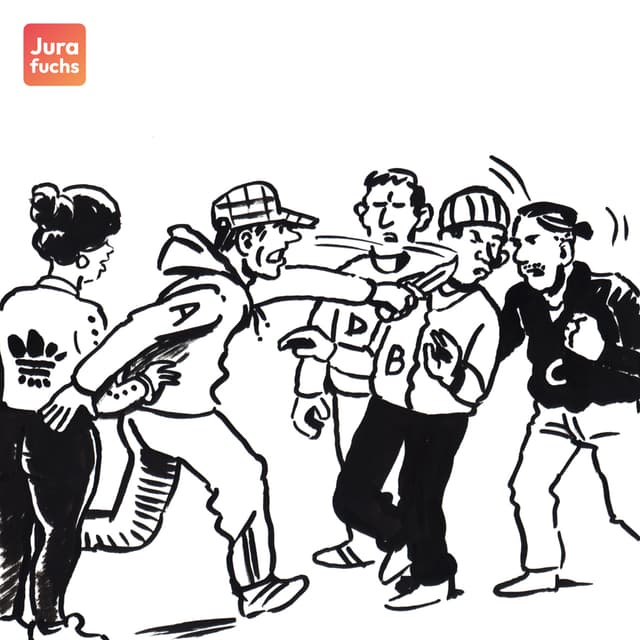 Jurafuchs Illustration: A verletzt B mit einem Messer. Hinter A stehen C und D. A hat sich beschützten vor seine Freundin gestellt. 