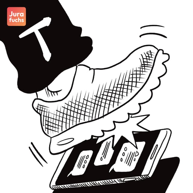 Jurafuchs Illustration: T zerstört ein Handy, indem er drauftritt. 