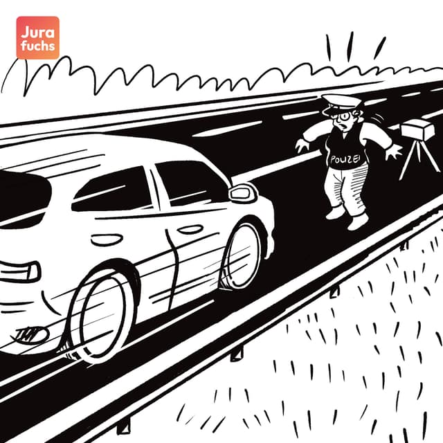 Jurafuchs Illustration: R rast in ihrem Auto auf Polizisten P zu, die gerade auf dem Seitenstreifen eine Radarkontrolle durchführt. 