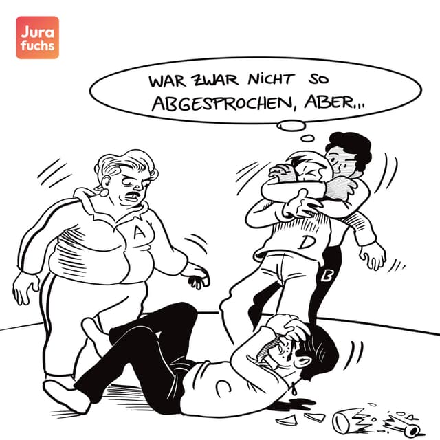Ilustration zur sukzessiven Mittäterschaft auf der Die Person A zu sehen ist, die der Person C eine Flasche ins Gesicht geworfen hat und Person A, die Person D von hinten würgt, als diese Person C zur Hilfe eilen möchte.