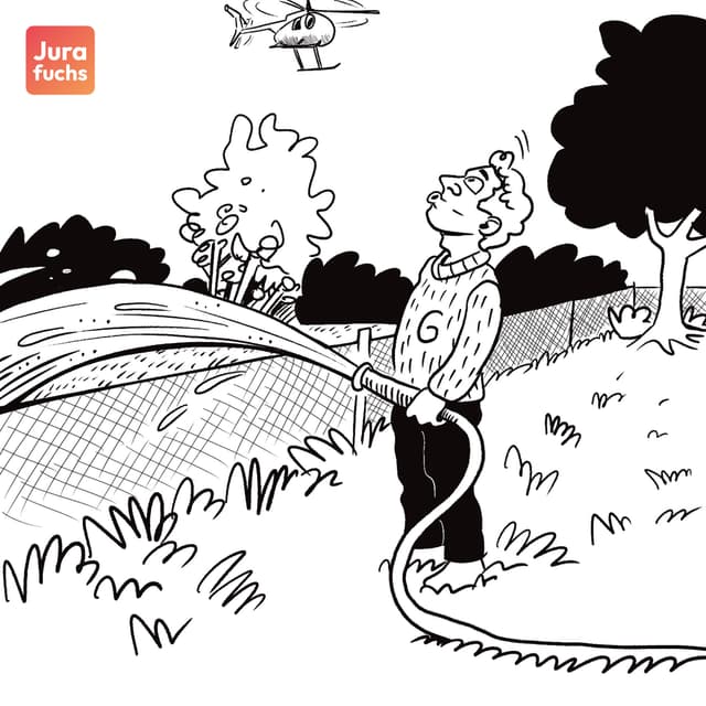 Illustration zur Verwertungskondition, auf der ein Mann zu sehen ist, der unbeabsichtigt den Garten seiner Nachbarin bewässert.