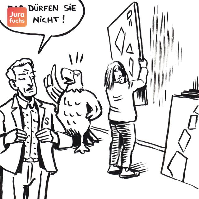 Jurafuchs-Illustration zum Fall zur Kunstfreiheit als individuelles Freiheitsrecht: Ein Künstler will seine Kunst aufhängen. Ein Mann sagt zu ihm "Das dürfen Sie nicht".