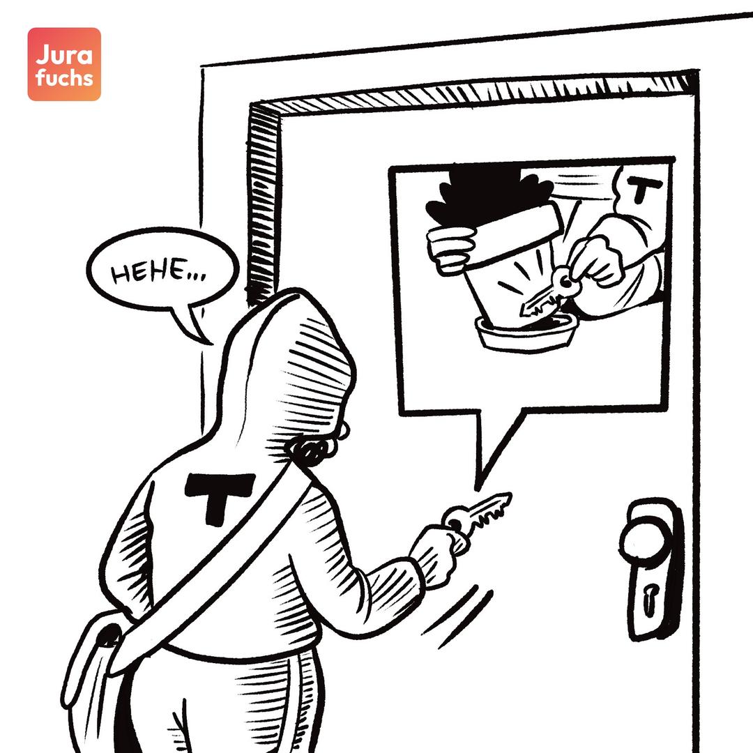 Jurafuchs Illustration: T ist dabei, mit einem alten versteckten Schlüssel in eine Wohnung einzudringen. 
