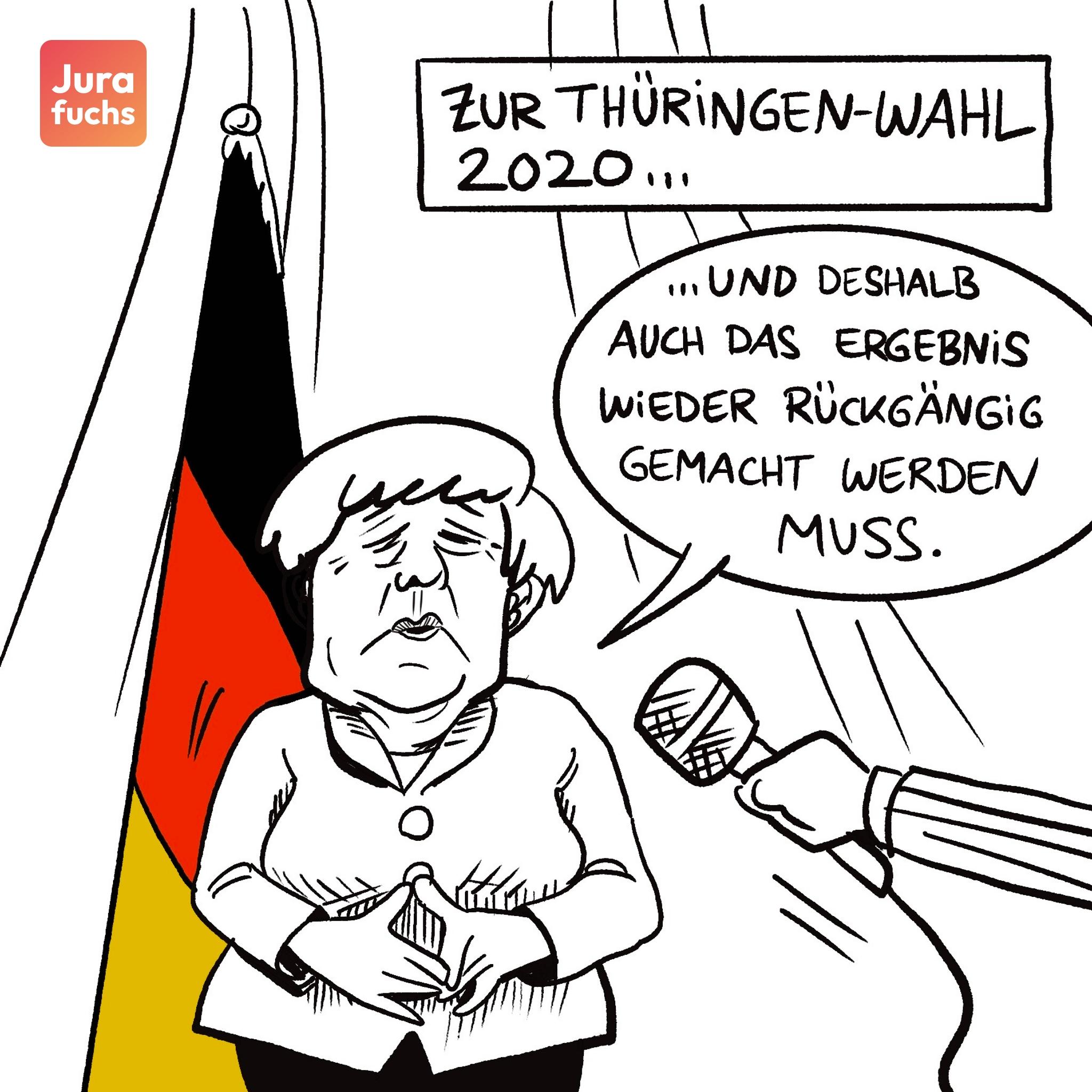 Jurafuchs Illustration zum Fall zu den Äußerungen von Bundeskanzlerin Merkel zur Ministerpräsidentenwahl in Thüringen (BVerfG, Urt. v. 15.06.2022 - 2 BvE 4/20, 2 BvE 5/20): Bundeskanzlerin und CDU-Politikerin Angela Merkel äußert sich daraufhin in einer Pressekonferenz negativ über die Ministerpräsidentenwahl in Thüringen.