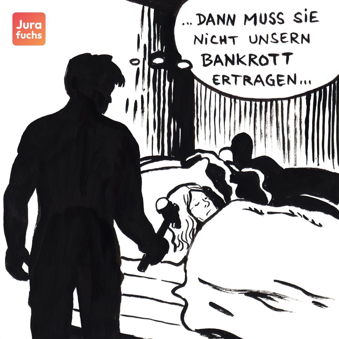 Jurafuchs ILLustration: T geht auf die schlafende O zu. Er hat vor sie töten, weil er ihr ein Leben im finanziellen Ruin ersparen will.  