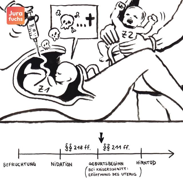 Jurafuchs Illustration: Ein Arzt entnimmt dem Uterus einer Frau ein Kind, ein anderes Kind ist noch im Bauch der Frau. Es bekommt eine tödliche Spritze. 