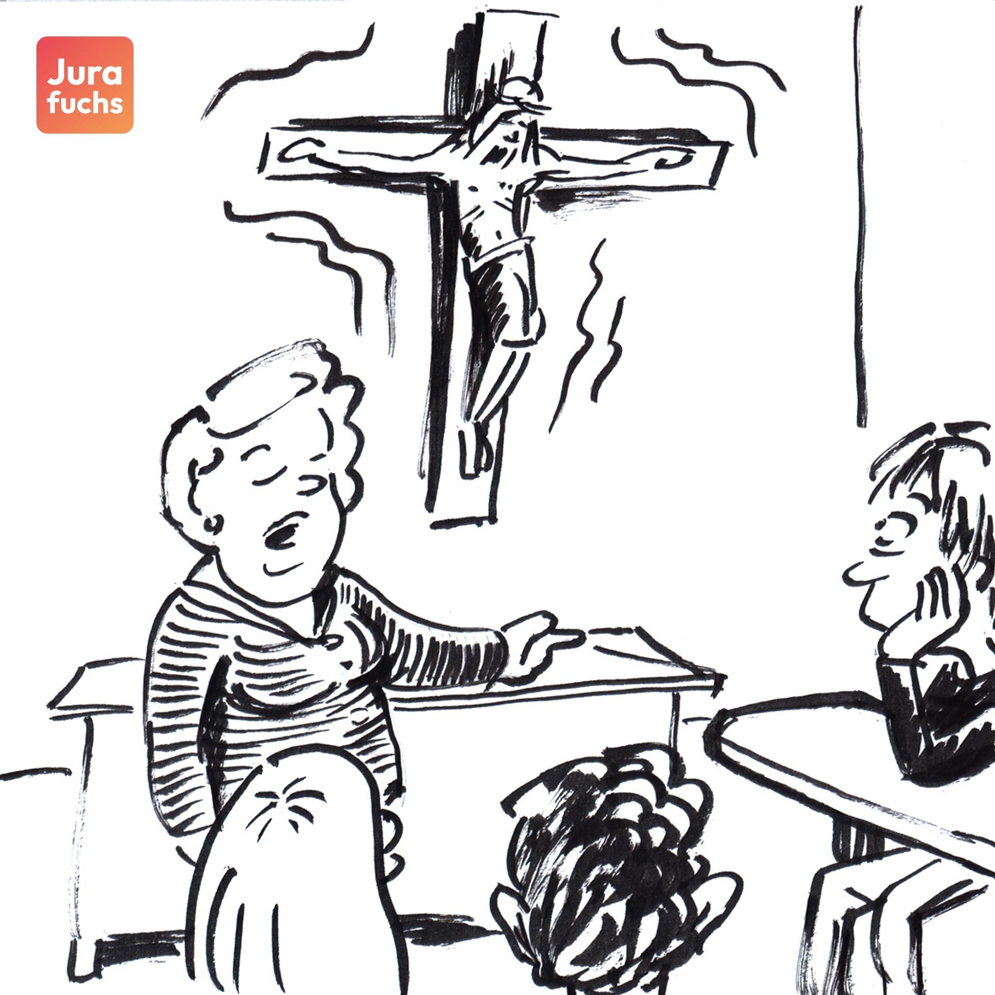 Jurafuchs Illustration zum Kruzifix-Beschluss (BVerfG, Beschl. v. 16.05.1995): In einem Klassenzimmer hängt ein Kreuz an der Wand. Eine Lehrerin lehrt die Kinder, die an den Tischen sitzen.