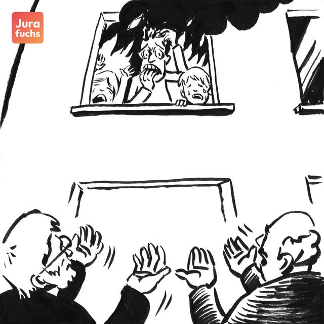 Jurafuchs-Illustration zum Fensterwurffall: Vater ist mit seinen beiden Kindern aufgrund eines Brandes im Haus eingesperrt und schaut aus dem Fenster zu den Feuerwehrleuten.