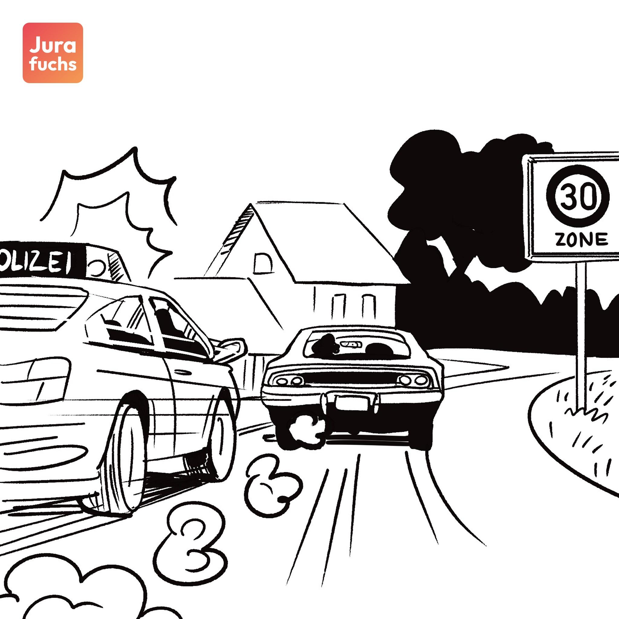 Jurafuchs Illustration: Ein Auto flieht in hoher Geschwindigkeit in einer 30er Zone vor der Polizei. 