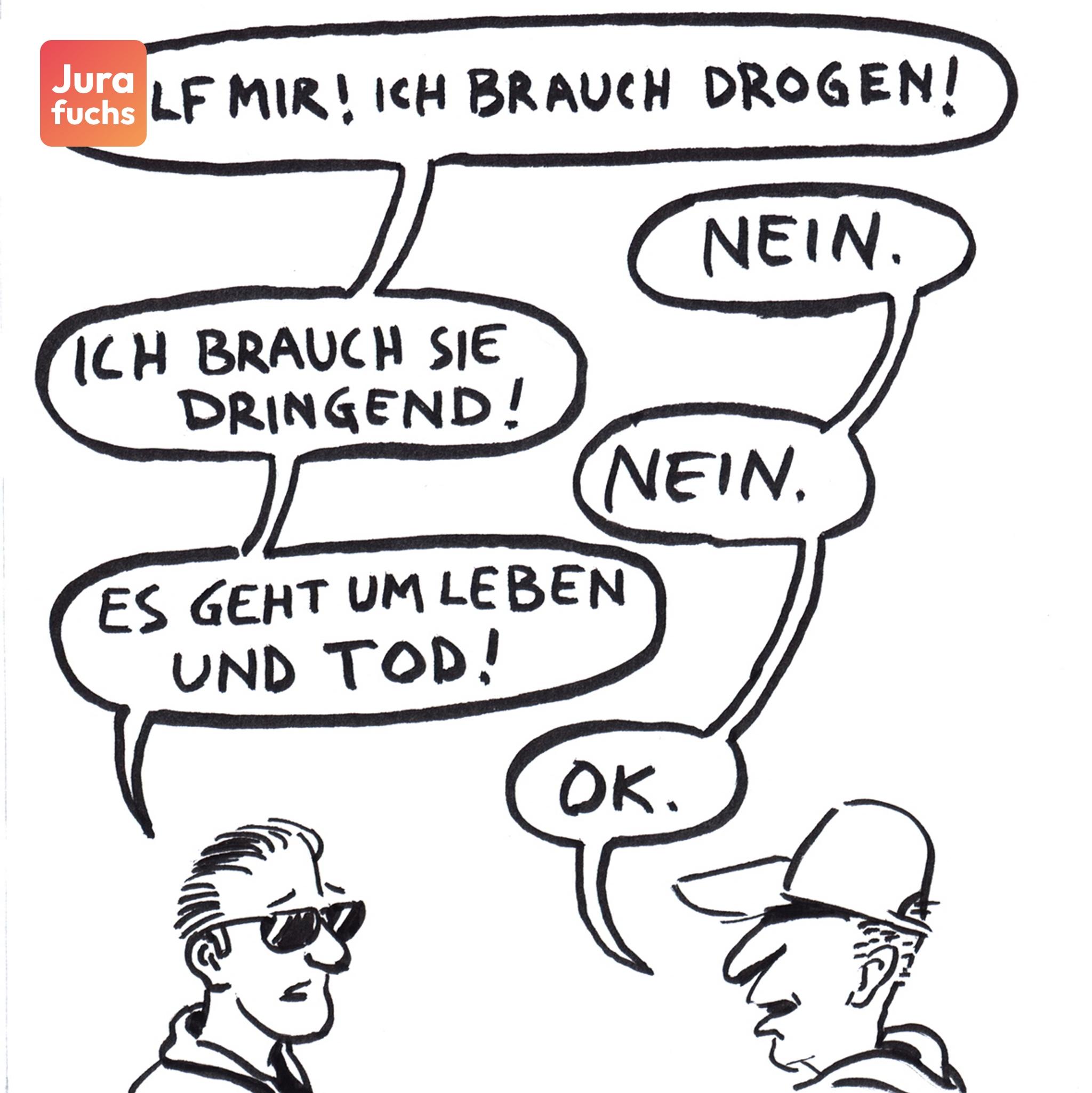 Jurafuchs Illustration: A und Ermittler P unterhalten sich. P drängt den A dazu, ihm Drogen zu liefern.