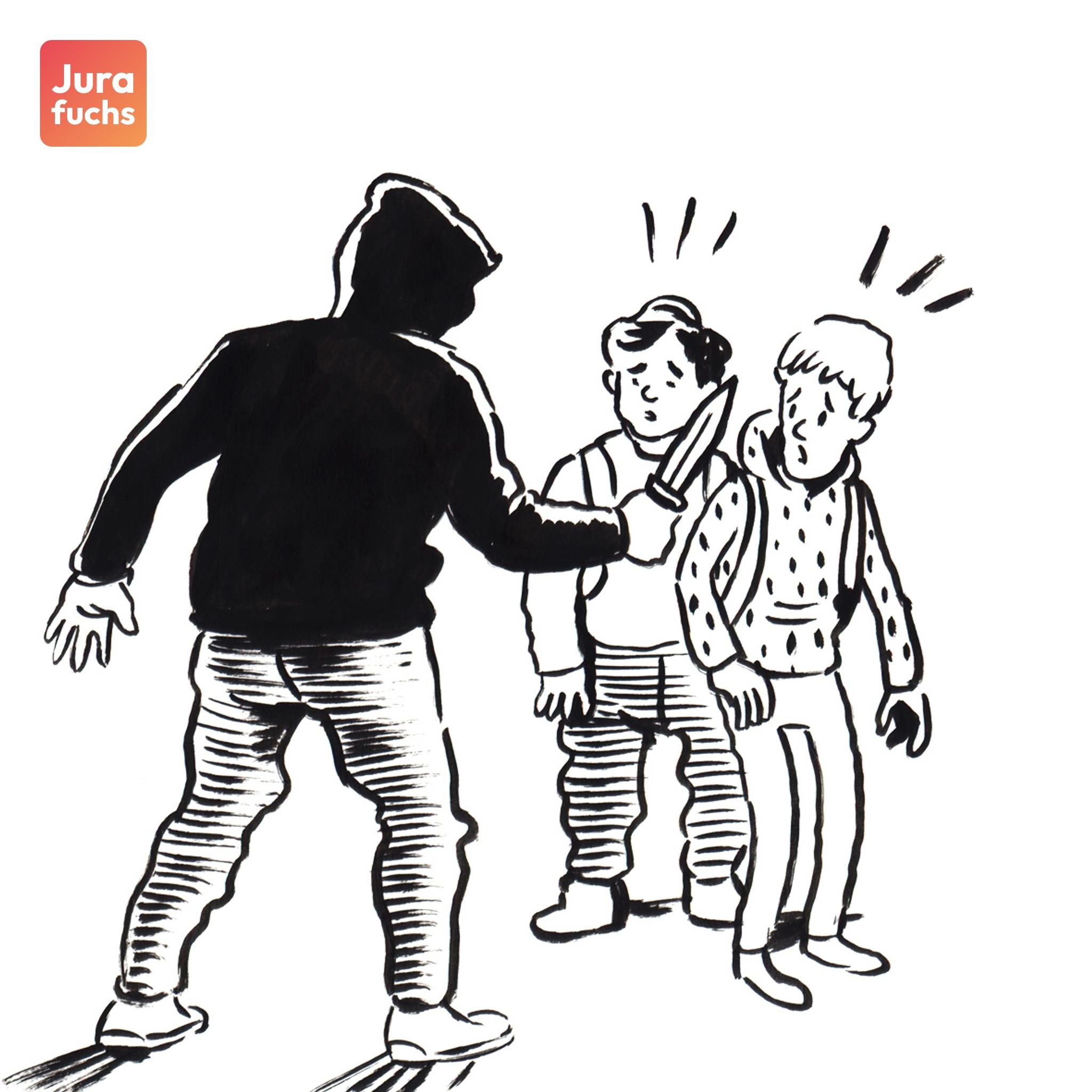 Jurafuchs Illustration: T bedroht zwei Kinder mit einem Messer.
