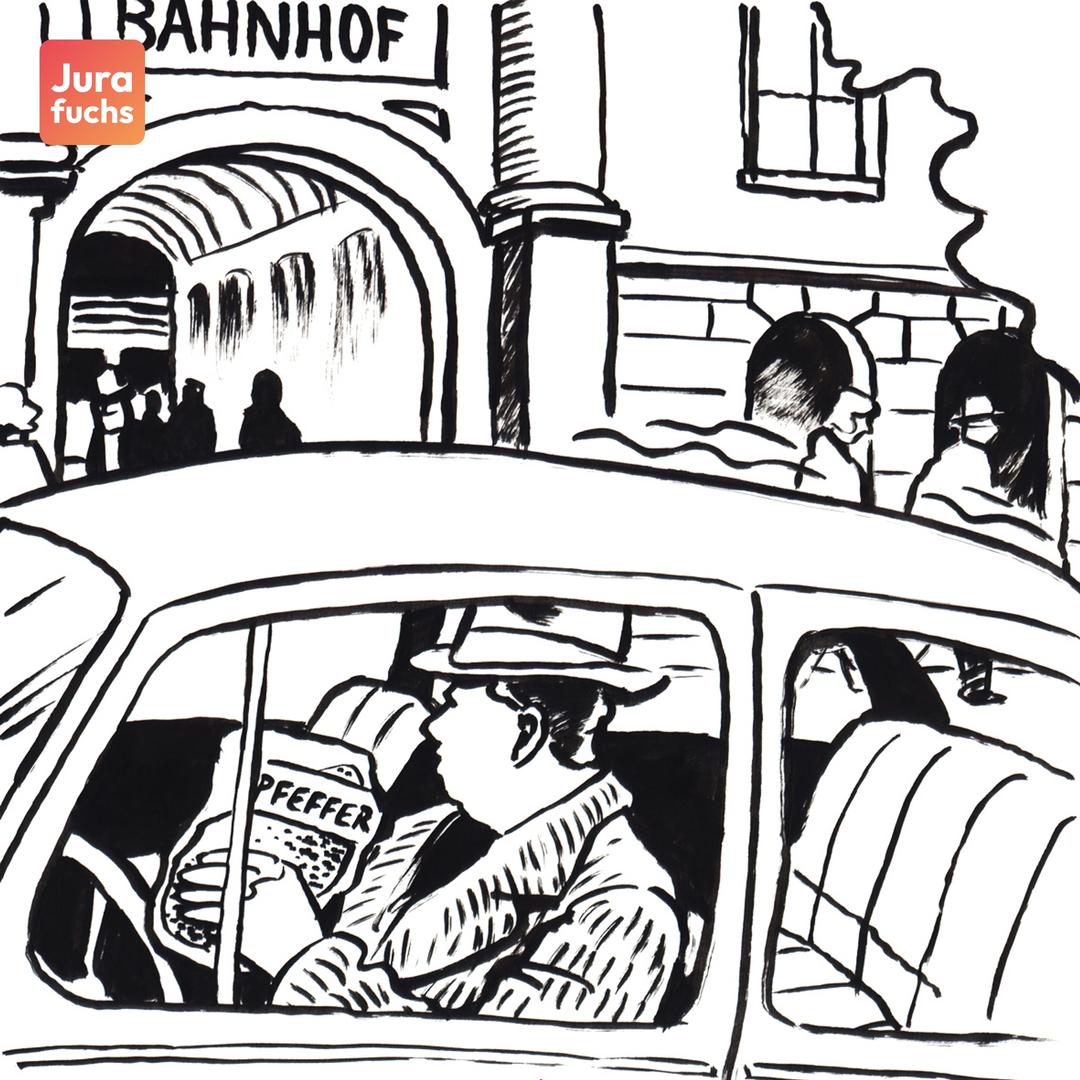 Jurafuchss Illustration: T wartet im Auto vor einem Bahnhof auf einen Geldboten. T hat eine Pfeffertüte in der Hand. 