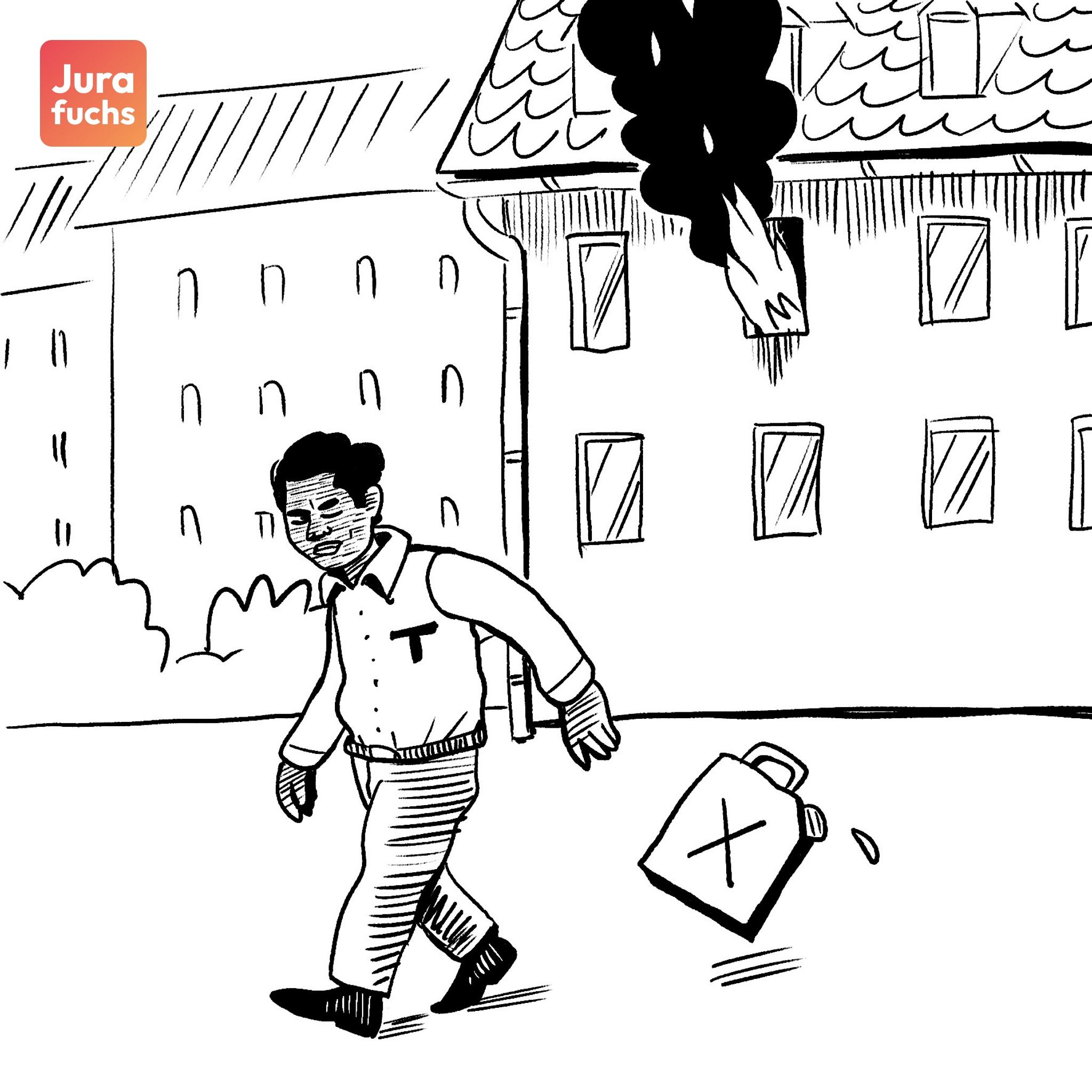 Jurafuchs-Illustration: T läuft von einem Wohnhaus weg, in dem ein durch ihn angezündetes Zimmer in Brand steht. 