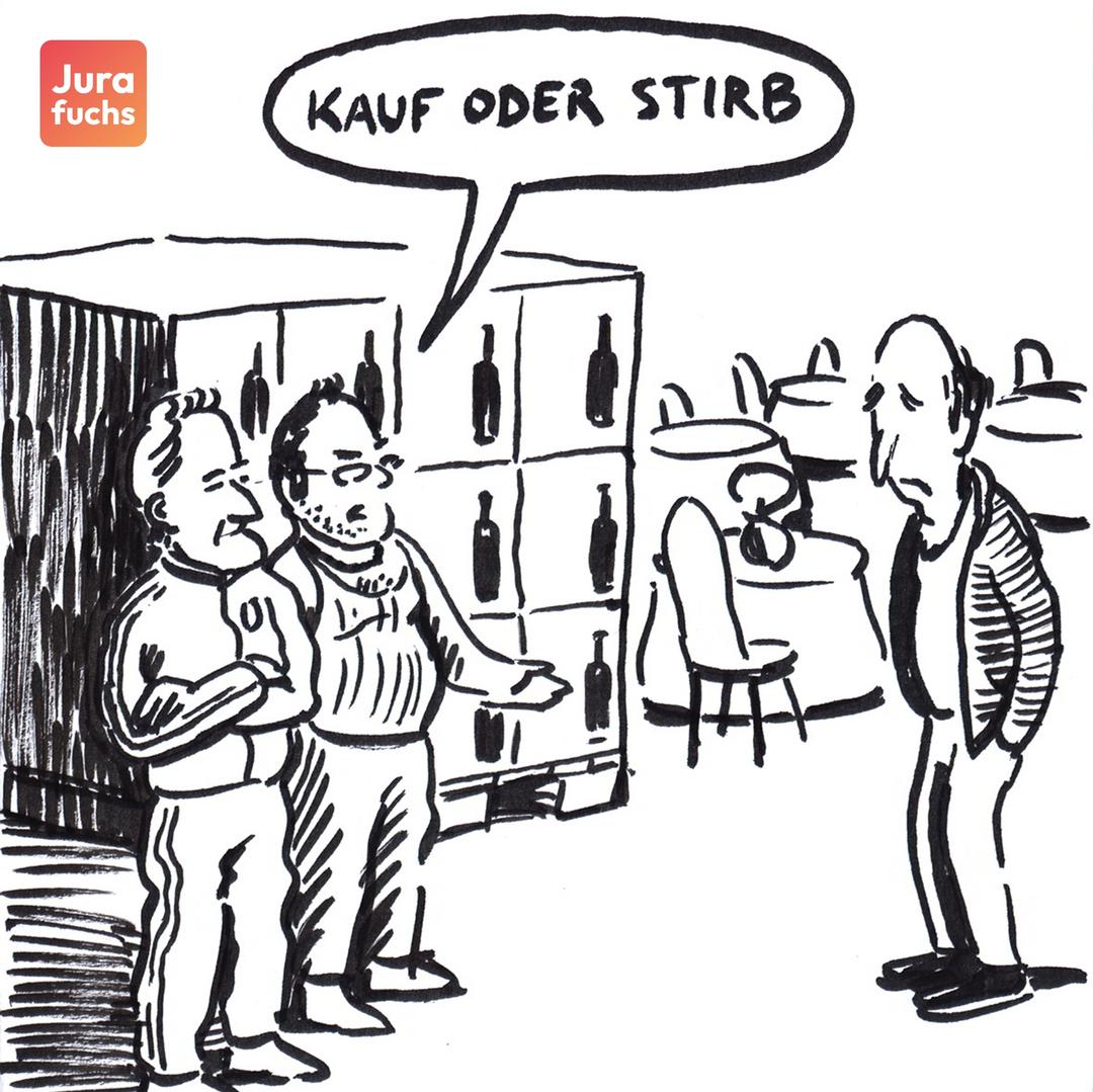 Jurafuchs Illustration: A bedroht den O in seinem Restaurant. O soll entweder Weinkisten kaufen oder wird umgebracht. 