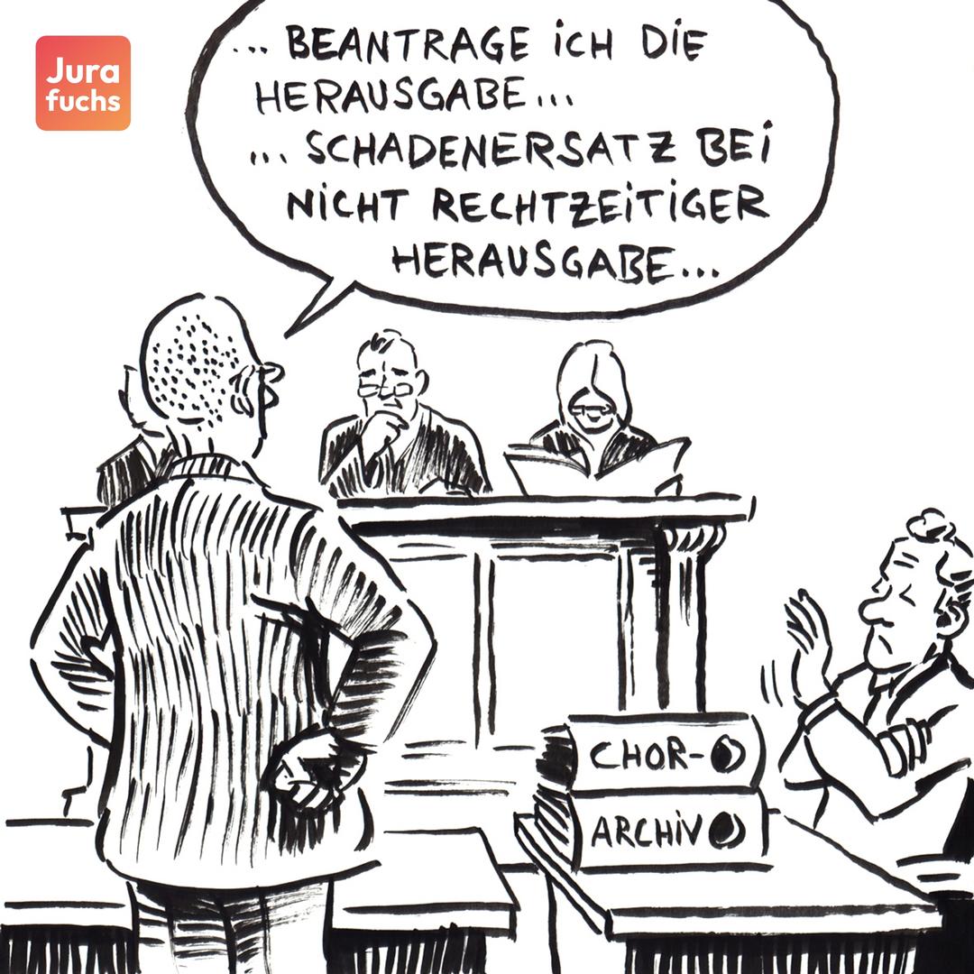 Jurafuchs Illustration zum Fall zur Tenorierung Klage gem. § 255 ZPO (BGH 9.11.2017 , IX ZR 305/16): Der Eigentümer eines Choarchivs begehrt Herausgabe dessen und Schadensersatz vor Gericht.