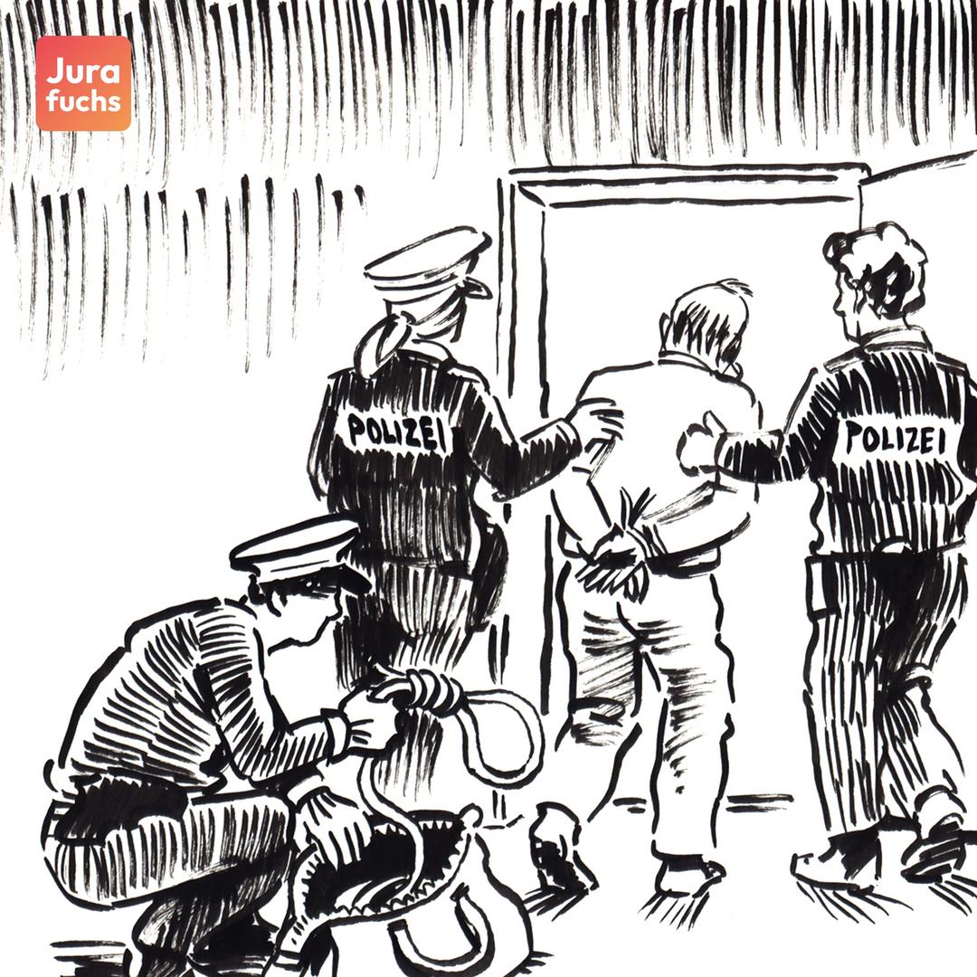Jurafuchs Illustration: T wird von der Polizei abgeführt. In seiner Tasche werden Seile gefunden. 