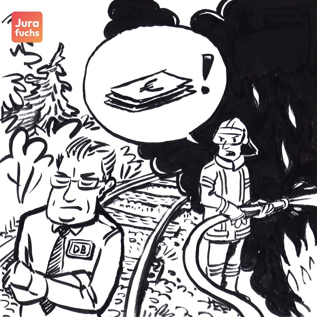 Jurafuchs Illustration zum Funkenflug-Fall (BGHZ 40,28):Durch Funkenflug verursacht eine Bahn einen Waldbrand. Die freiwillige Feuerwehr löscht den Brand.