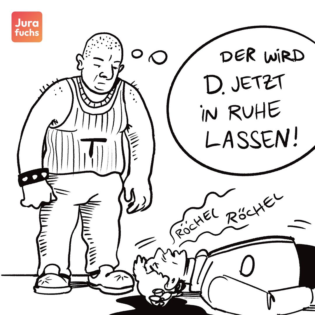 Jurafuchs Illustration: T lässt von dem auf dem Boden liegenden, blutenden und röchelnden D ab. 