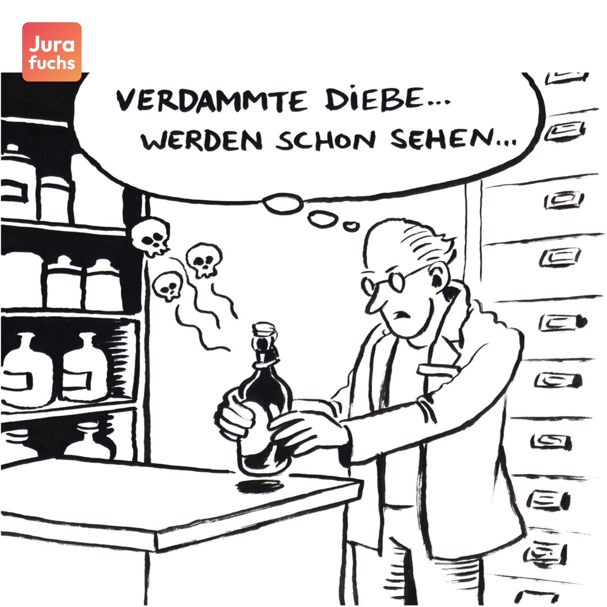 Jurafuchs Illustration zum Passauer Giftfallenfall (BGH 12.08.1997): Ein Apotheker stellt eine Flasche Bier mit einer tödlichen Menge Gift auf, davon ausgehend, dass die Einbrecher davon trinken.
