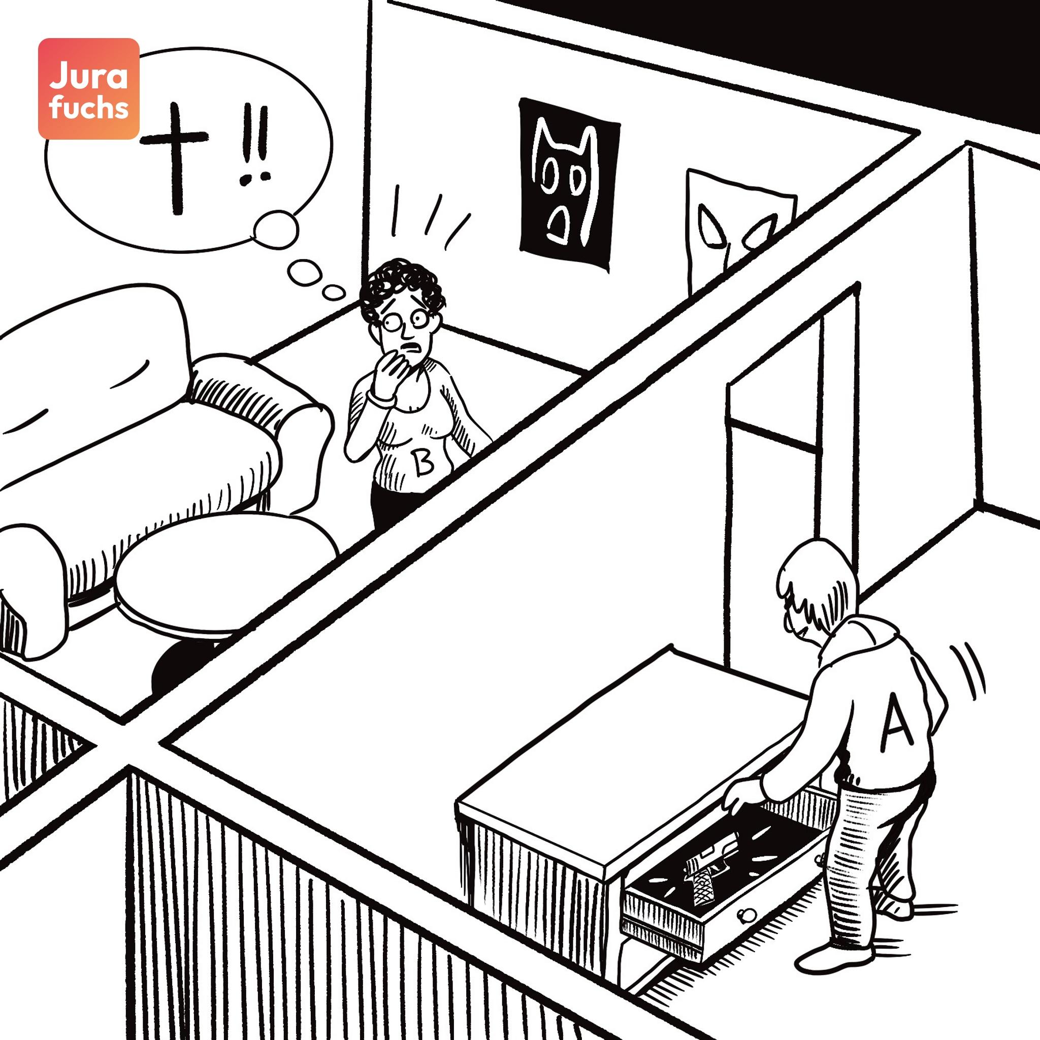 Jurafuchs Illustration: A bereitet sich im Nebenzimmer auf den geplanten Mord an B vor. B erwartet Böses. 