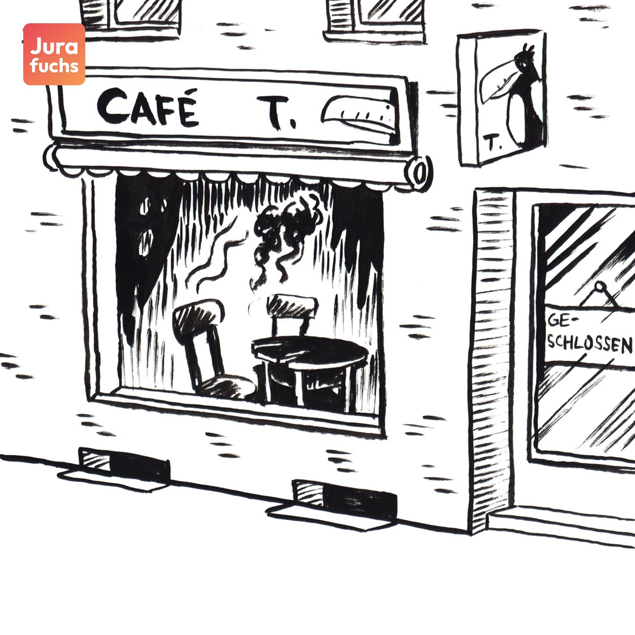 Jurafuchs Illustration: Ein Café steht in Brand. 