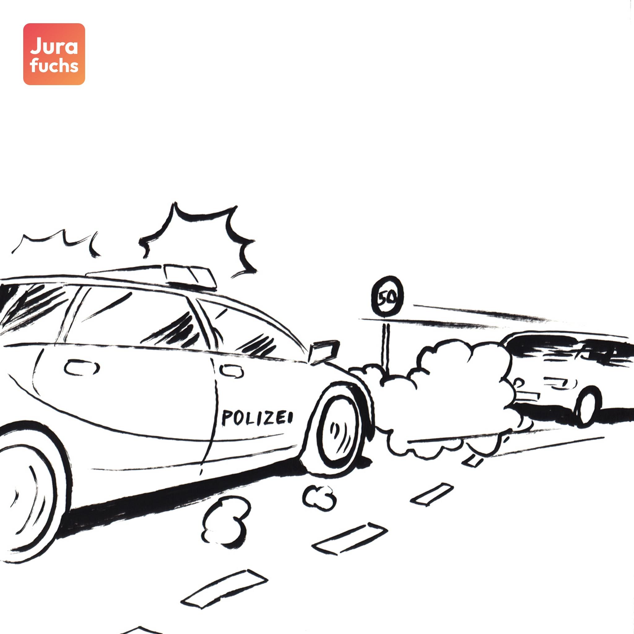 Jurafuchs-Illustration: T flieht in einem Auto mit hoher Geschwindigkeit vor einer Polizeistreife.