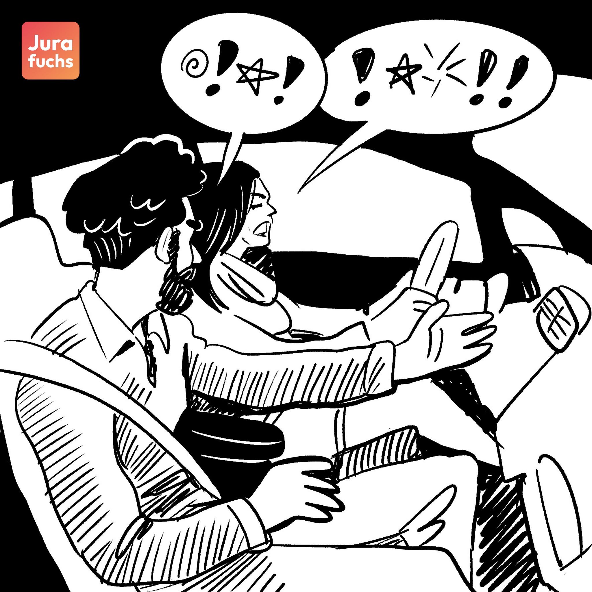 Jurafuchs Illustration: A und F sitzen in einem Auto und streiten sich. 