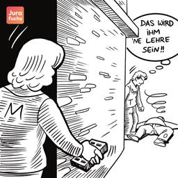 Jurafuchs Illustration: M wartet darauf, dass T den am Boden liegenden M schlägt, um M selbst mit einem Stein zu töten. 