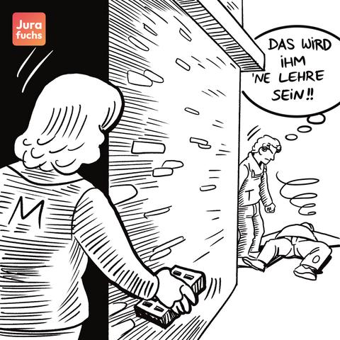Jurafuchs Illustration: M wartet darauf, dass T den am Boden liegenden M schlägt, um M selbst mit einem Stein zu töten. 