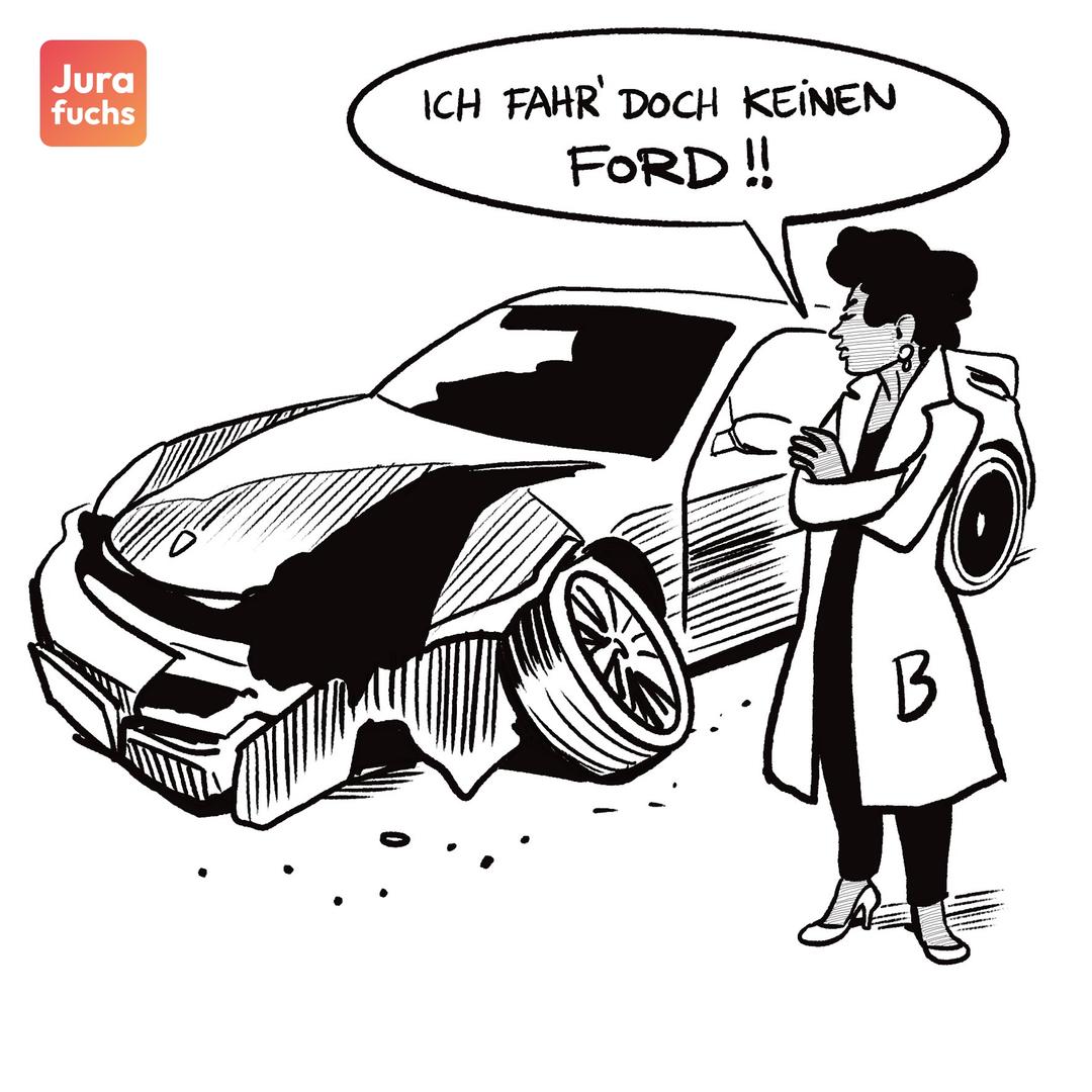 Jurafuchs-Illustration zum Fall zur Ersatzfähigkeit von Nutzungsausfall (OLG Frankfurt a.M., Urt.v. 27.07.2022 - 11 U 7/21): Eine Frau steht vor einem kaputten Auto und denkt: Ich fahr doch keinen Ford.