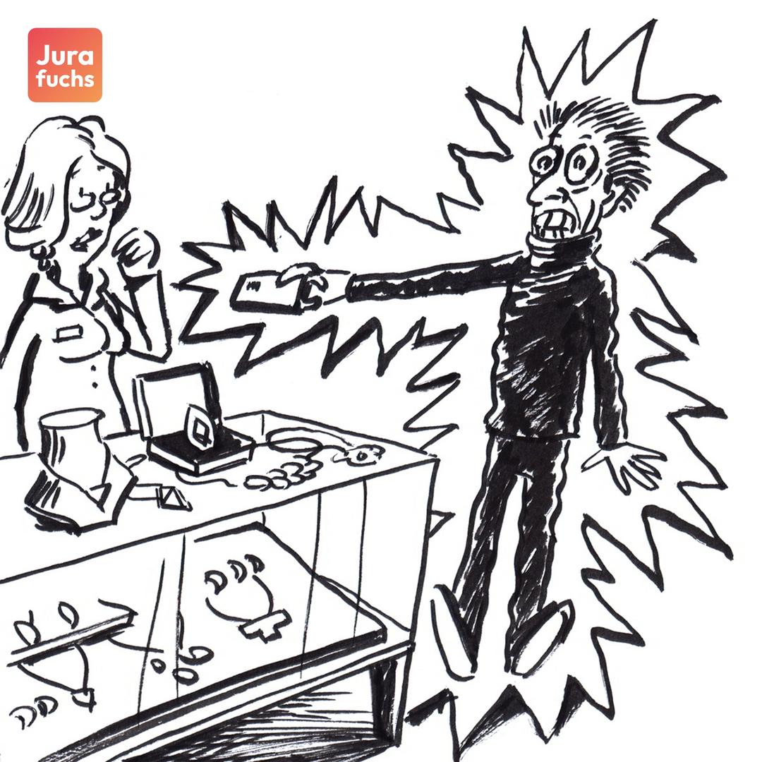 Jurafuchs Illustration: A bedroht Juwelierin D in ihren Geschäft mit einem Elektroschocker. Dabei versetzt er sich selbst versehentlich einen Elektroschock. 