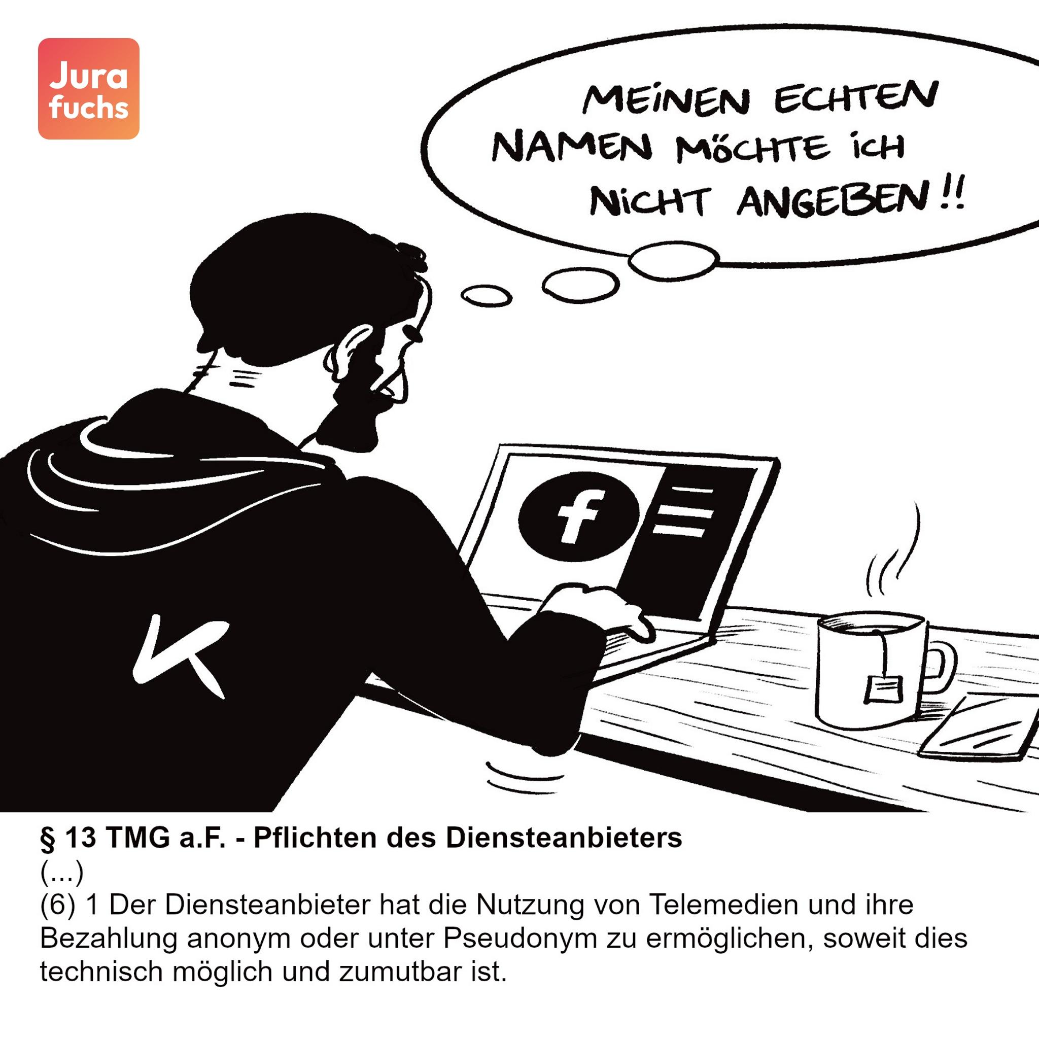 Jurafuchs Illustration zum Klarnamenurteil (BGH, Urt. v. 27.01.2022 - III ZR 3/21 und III ZR 4/21): Mann sitzt vor dem Laptop, loggt sich bei Facebook ein und denkt sich "Meinen echten Namen möchte ich nicht angeben".