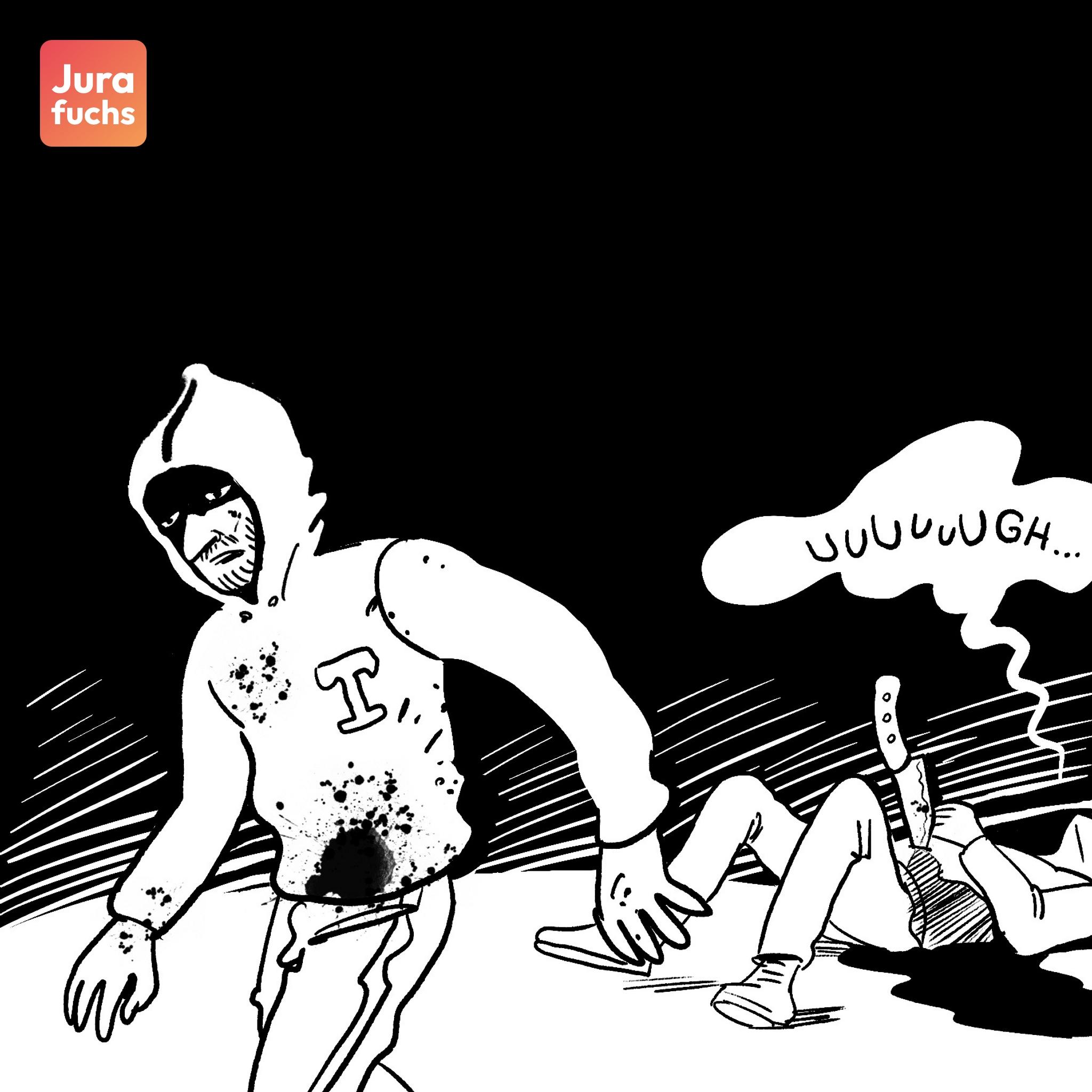 Jurafuchs Illustration: T läuft blutverschmiert von seinem auf dem Boden liegenden Opfer weg. 