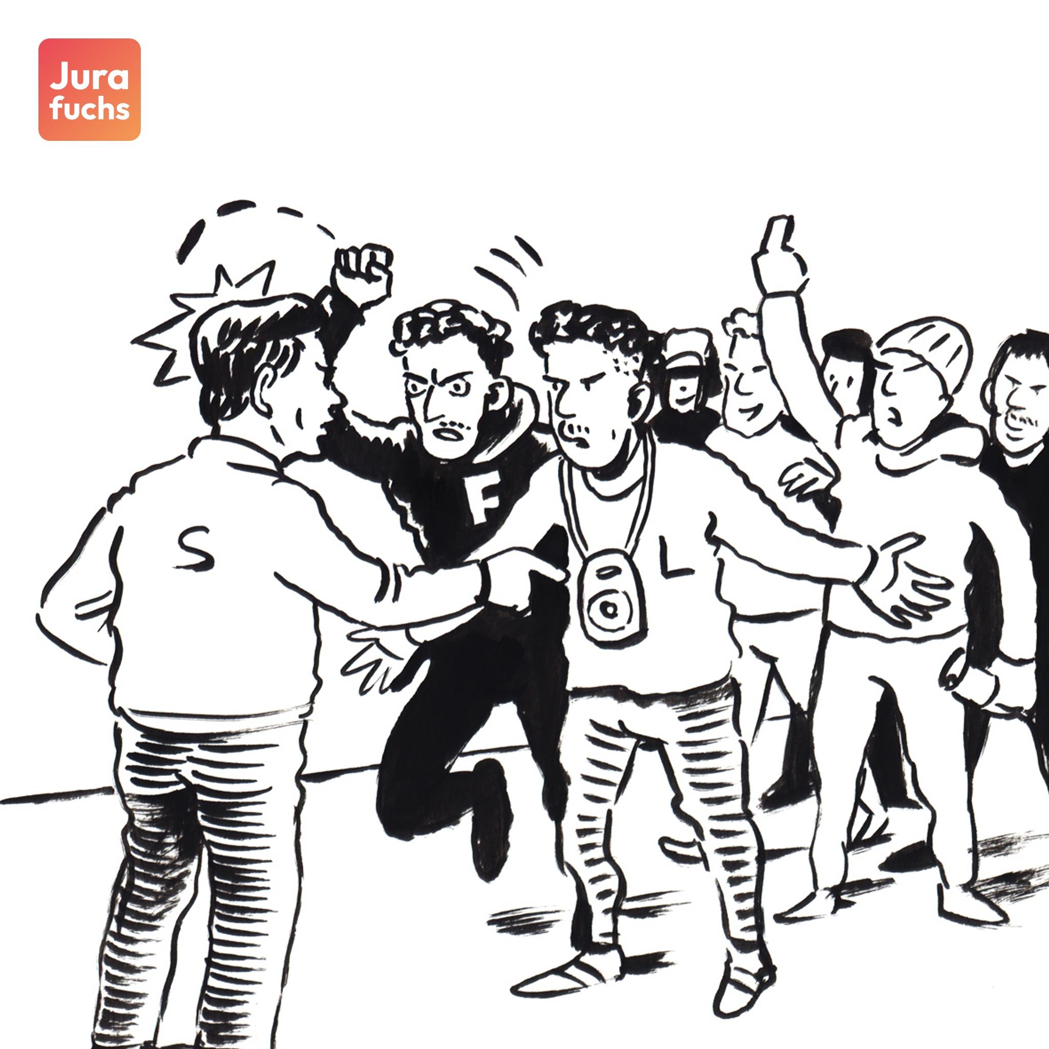 Jurafuchs Illustration: Eine Gruppe von jungen Erwachsenen stehen aggressiv dem S gegenüber. 