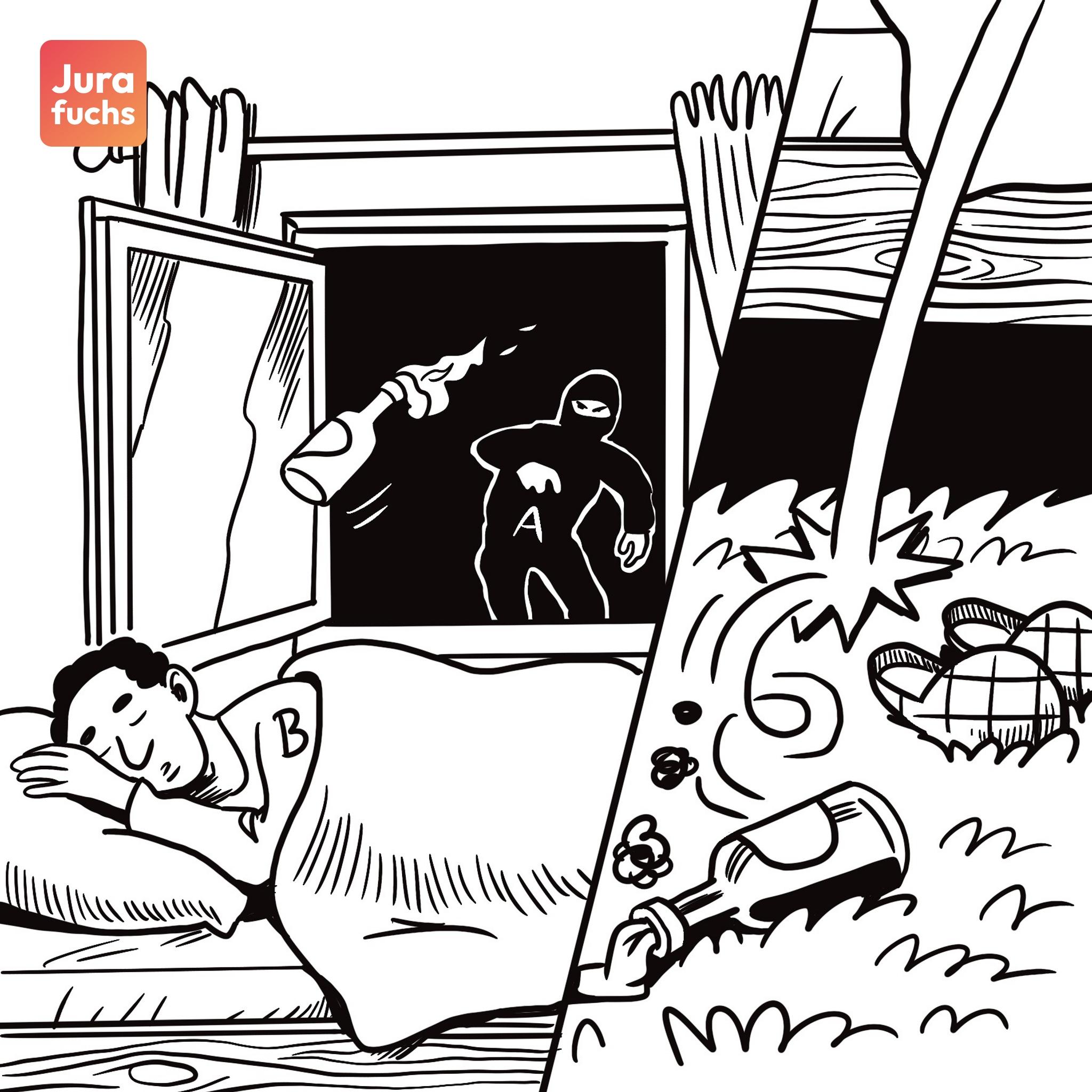 Jurafuchs Illustration: A wirft einen Molotowcocktail durch das offene Fenster in das Zimmer, in dem B gerade schläft. Ein Feuer entzündet sich aber nicht. 