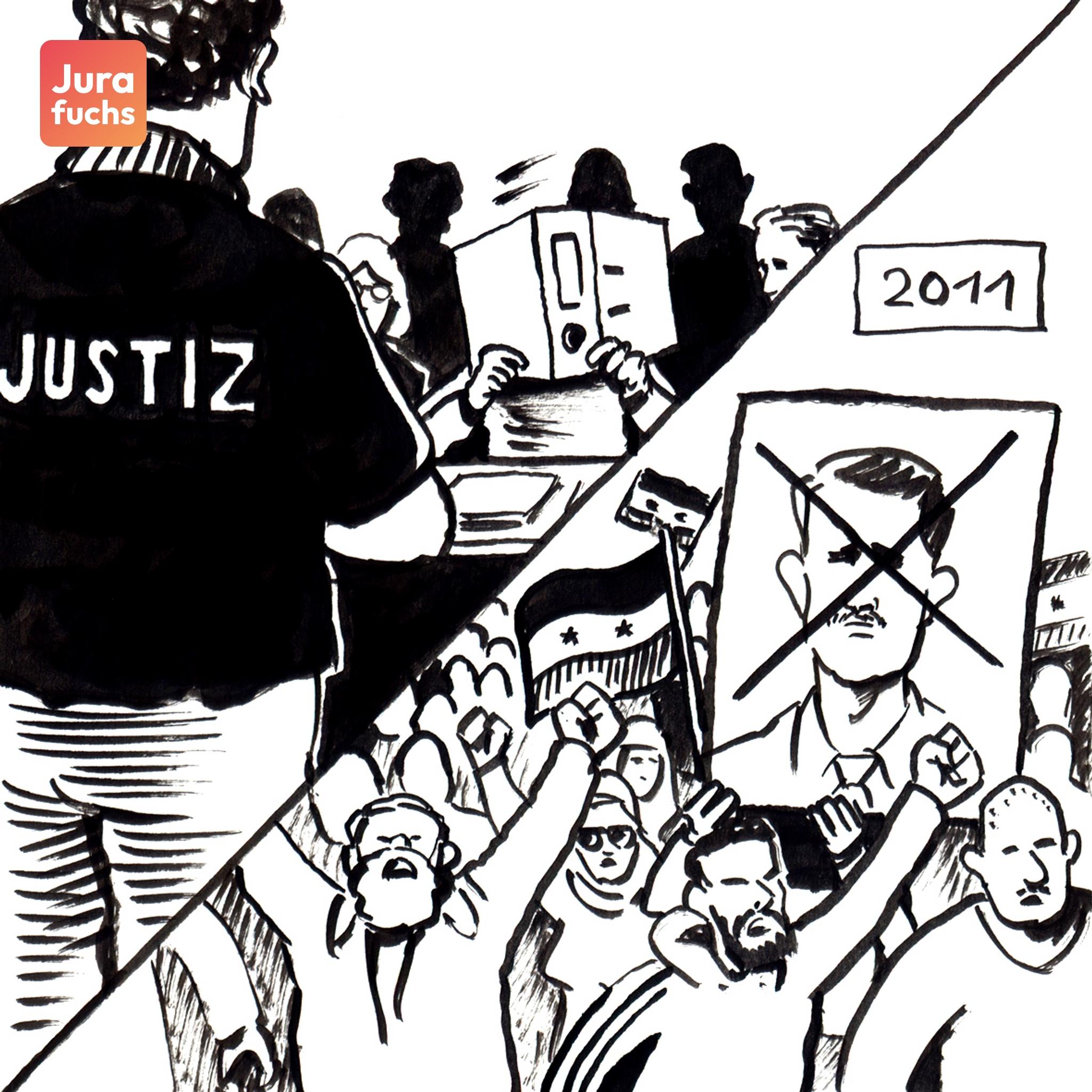 Jurafuchs Illustration: Das Bild zeigt links einen Gerichtsprozess in Deutschland und rechts Proteste gegen den syrischen Machthaber Assad 2011