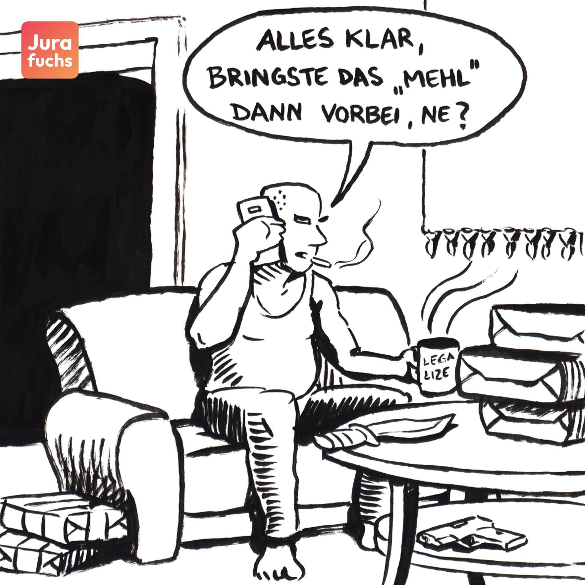 Jurafuchs Illustration: Drogenhändler T sitzt in seiner Wohnung, in der sich Drogen und Waffen befinden. 