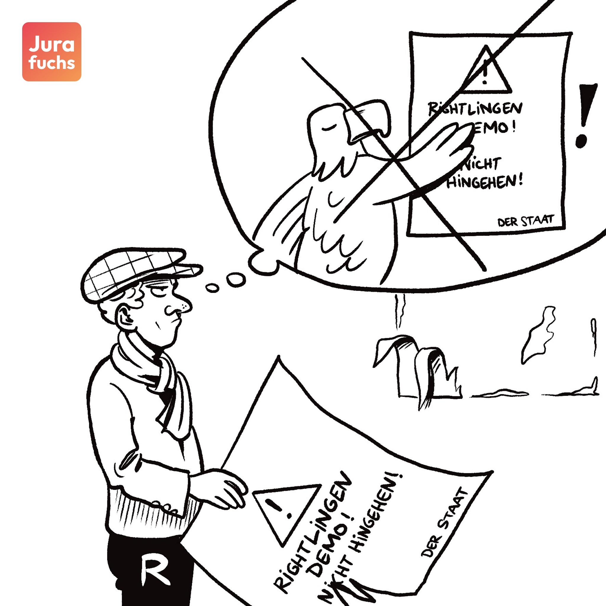 Jurafuchs-Illustration zum Grundfall - Realhandeln: Mann R machte ein Plakat aufhängen, auf dem steht: Rightlingen Demo! Nicht hingehen!