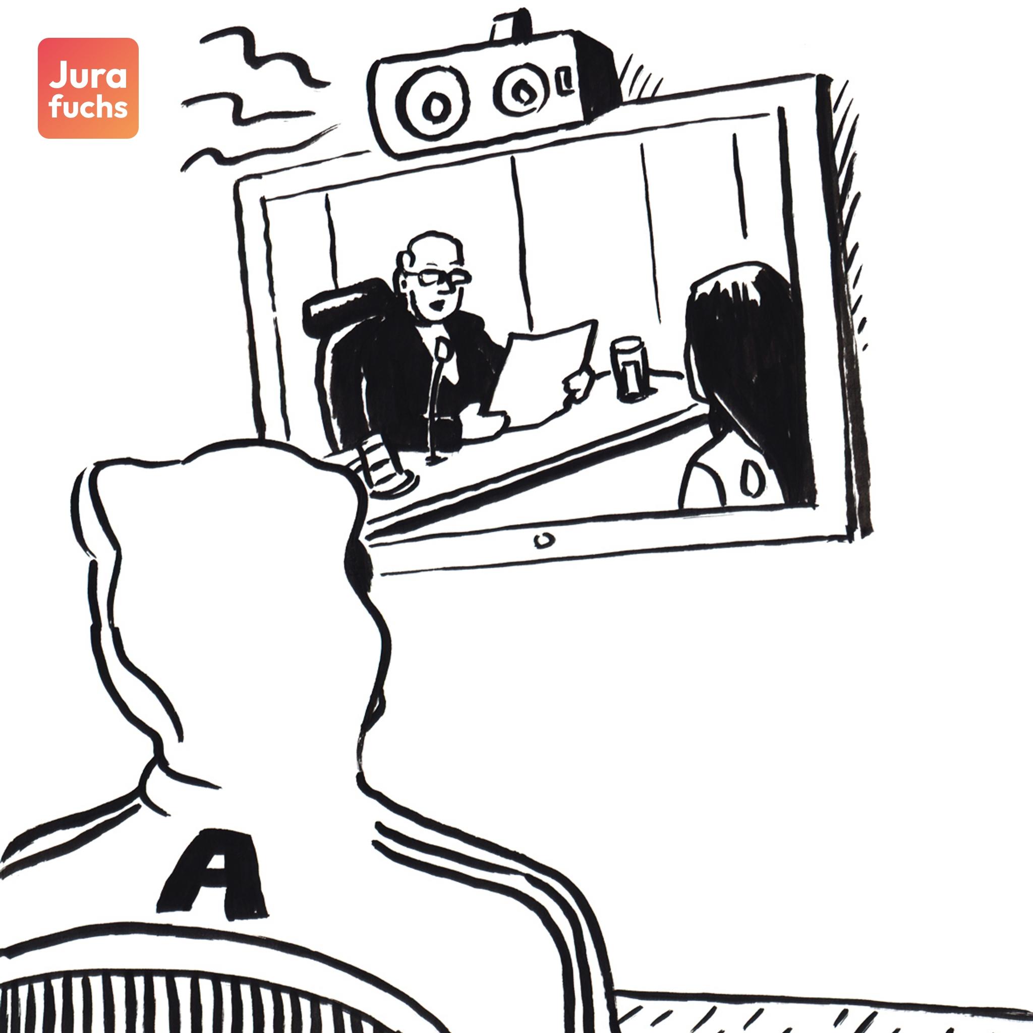 Jurafuchs Illustration: Angeklagter A sieht über eine Videoübertragung zu, wie eine Urkunde ohne seine Anwesenheit in der Hauptverhandlung vorgelesen wird. 