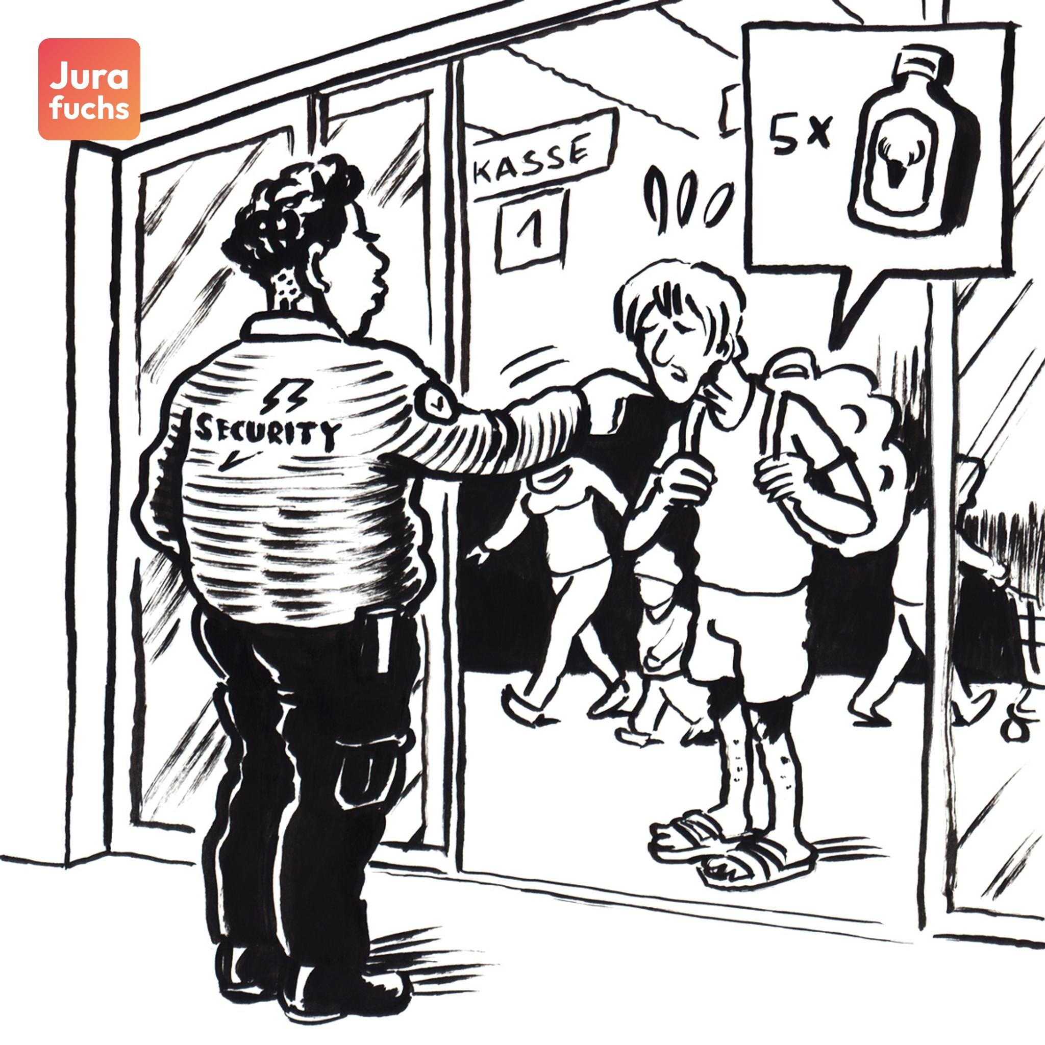 Jurafuchs Illustration: T wird von einem Ladendetektiv am Verlassen eines Supermarkts gehindert. In Ts Rucksack befindet sich Diebesgut. 