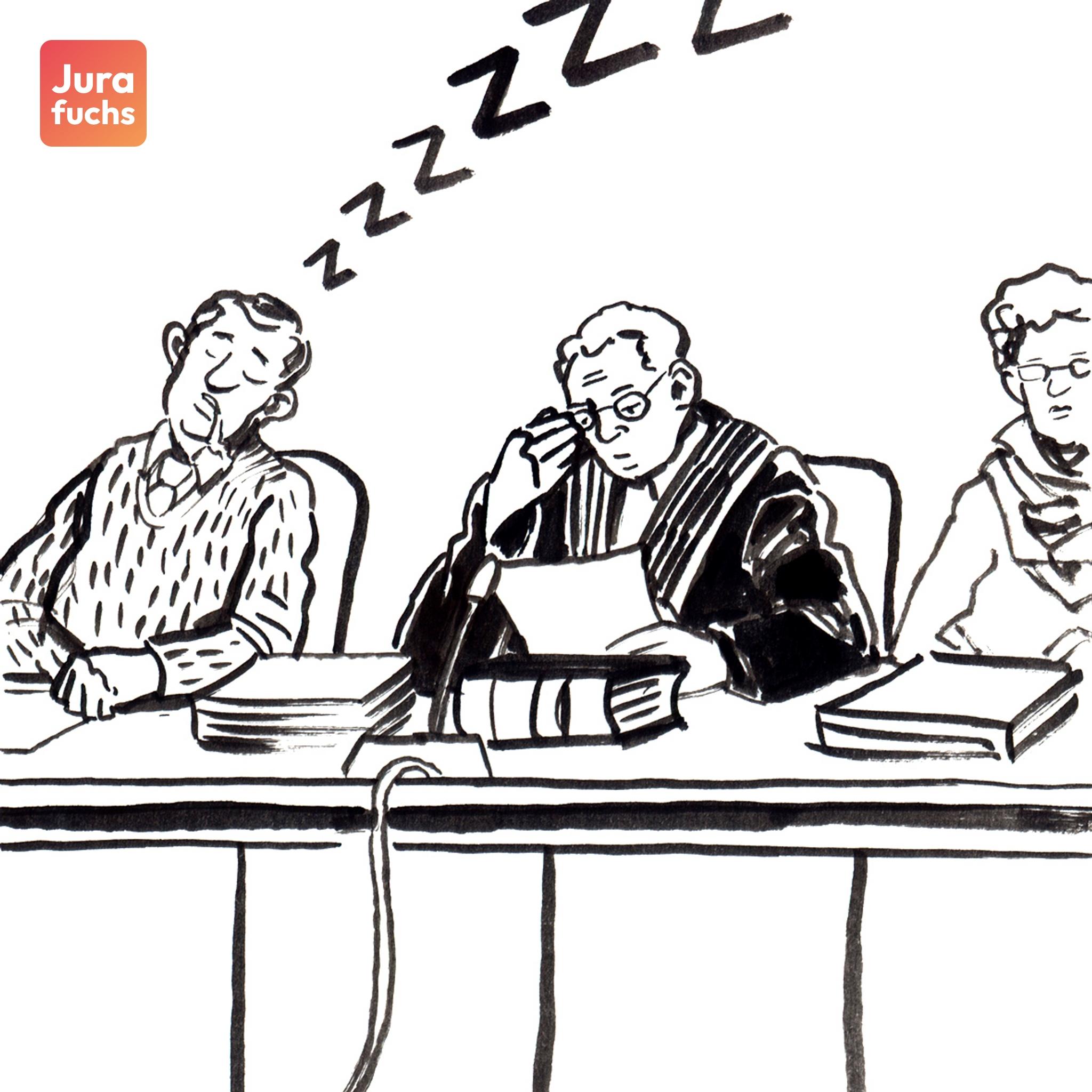 Jurafuchs Illustration: Auf der Richerbank eines Gerichtssaals sitzt neben dem Richter ein Schalfender Schöffe. 