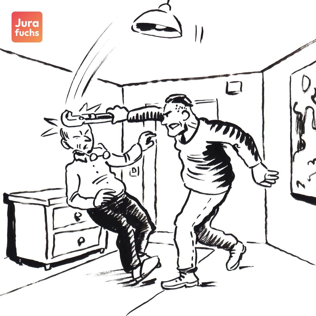 Jurafuchs Illustration: A schlägt in Bs Haus mit einer Zange auf B ein. 