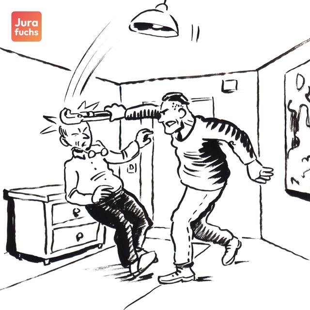 Jurafuchs Illustration: A schlägt in Bs Haus mit einer Zange auf B ein. 