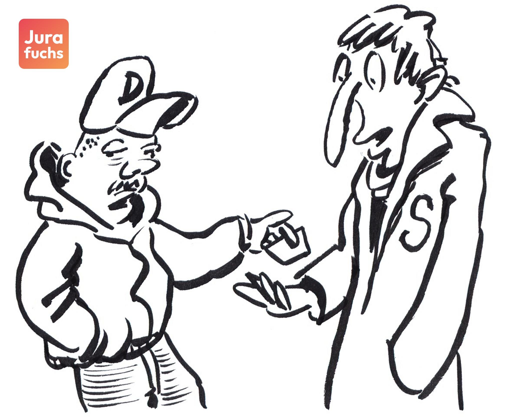 Jurafuchs Illustration: Dealer D gibt dem als Wissenschaftler verkleideten D eine Amphetamin-Tablette. 