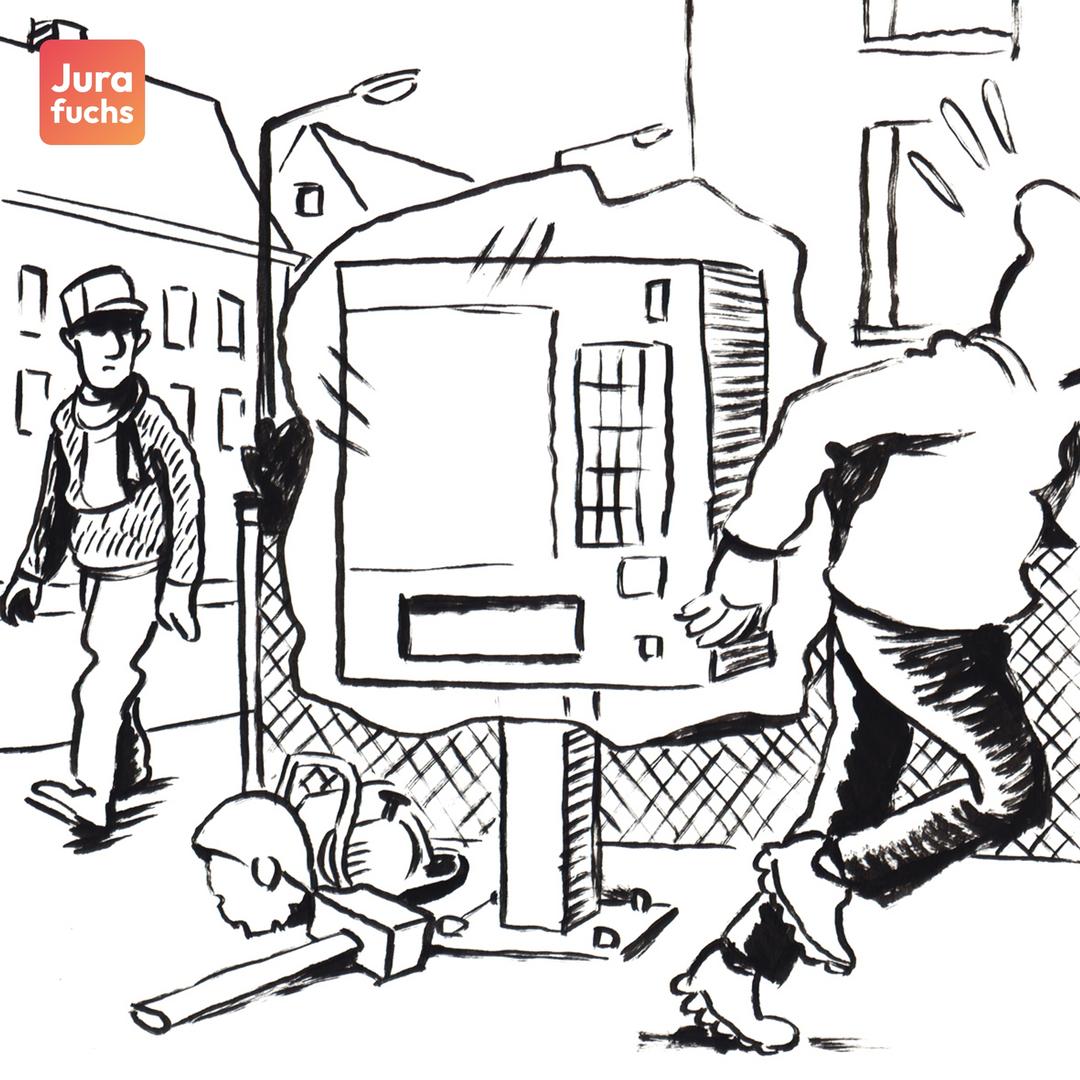 Jurafuchs Illustration: T hat einen Zigarettenautomaten mit einer Plane verhüllt, um diesen aufzubrechen und den Inhalt zu stehlen. Als jemand vorbeiläuft und dies sieht, rennt er weg.