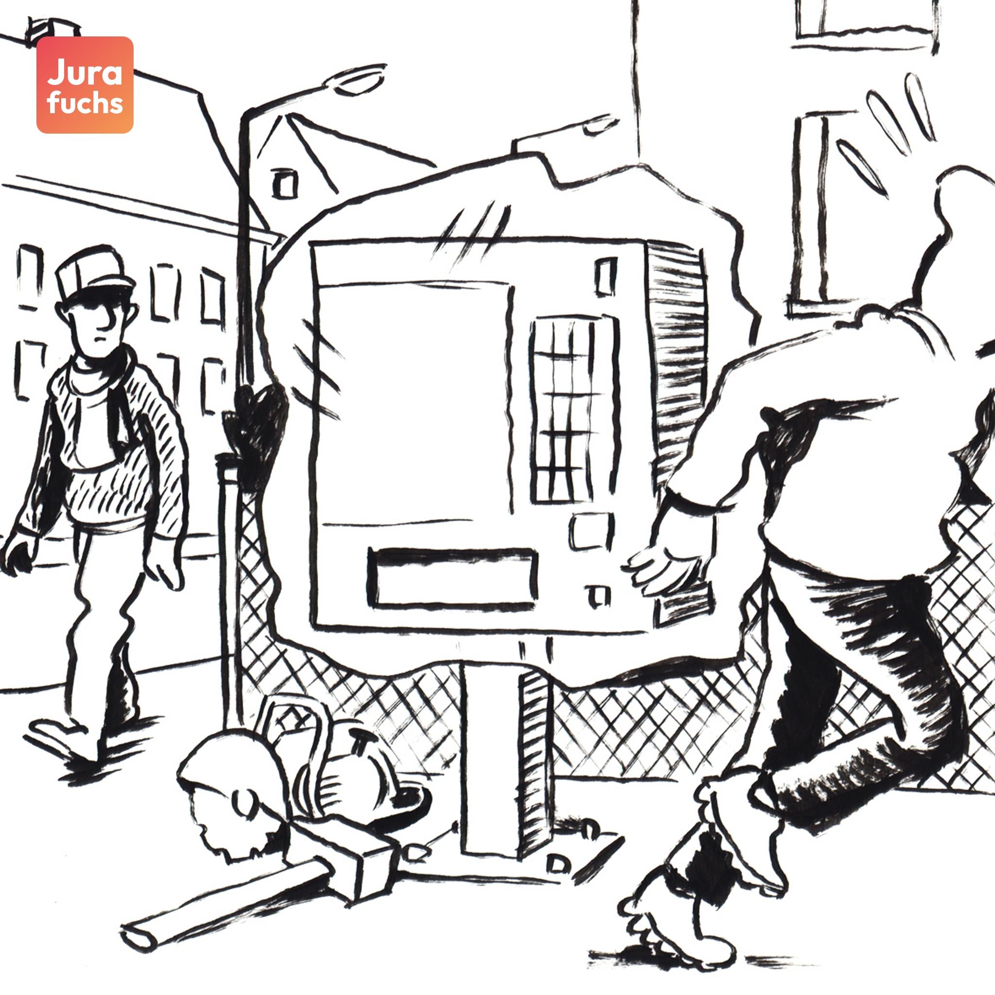 Jurafuchs Illustration: T hat einen Zigarettenautomaten mit einer Plane verhüllt, um diesen aufzubrechen und den Inhalt zu stehlen. Als jemand vorbeiläuft und dies sieht, rennt er weg.